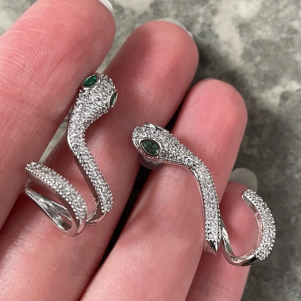 Silver Diamond Snake Ear Cuff Stud Earrings Emerald Eyes - Picture 1 of 10
